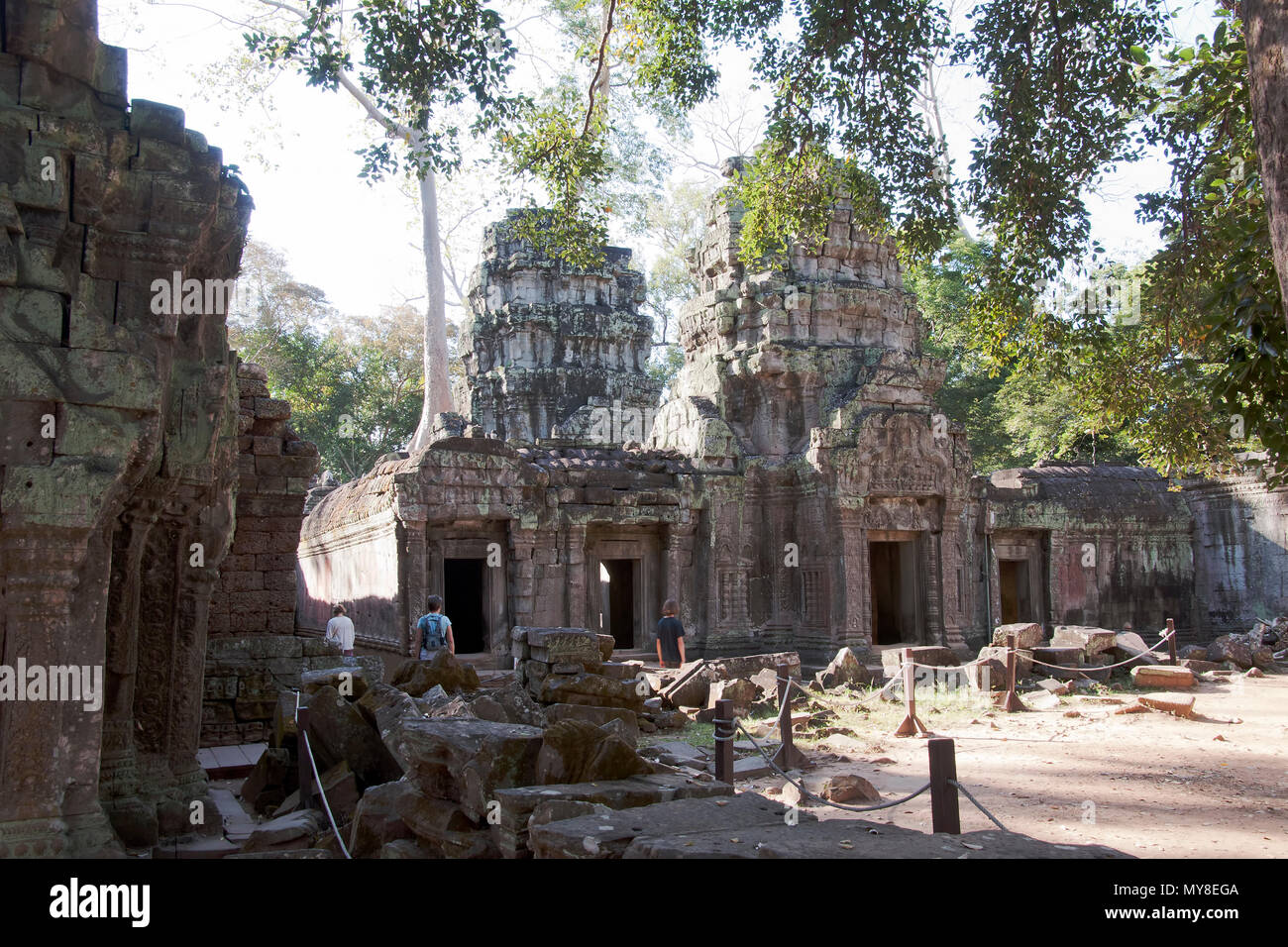 Siem Reap Cambodia,  tourist walking through the Ta Prohm a 12th century temple complex Stock Photo