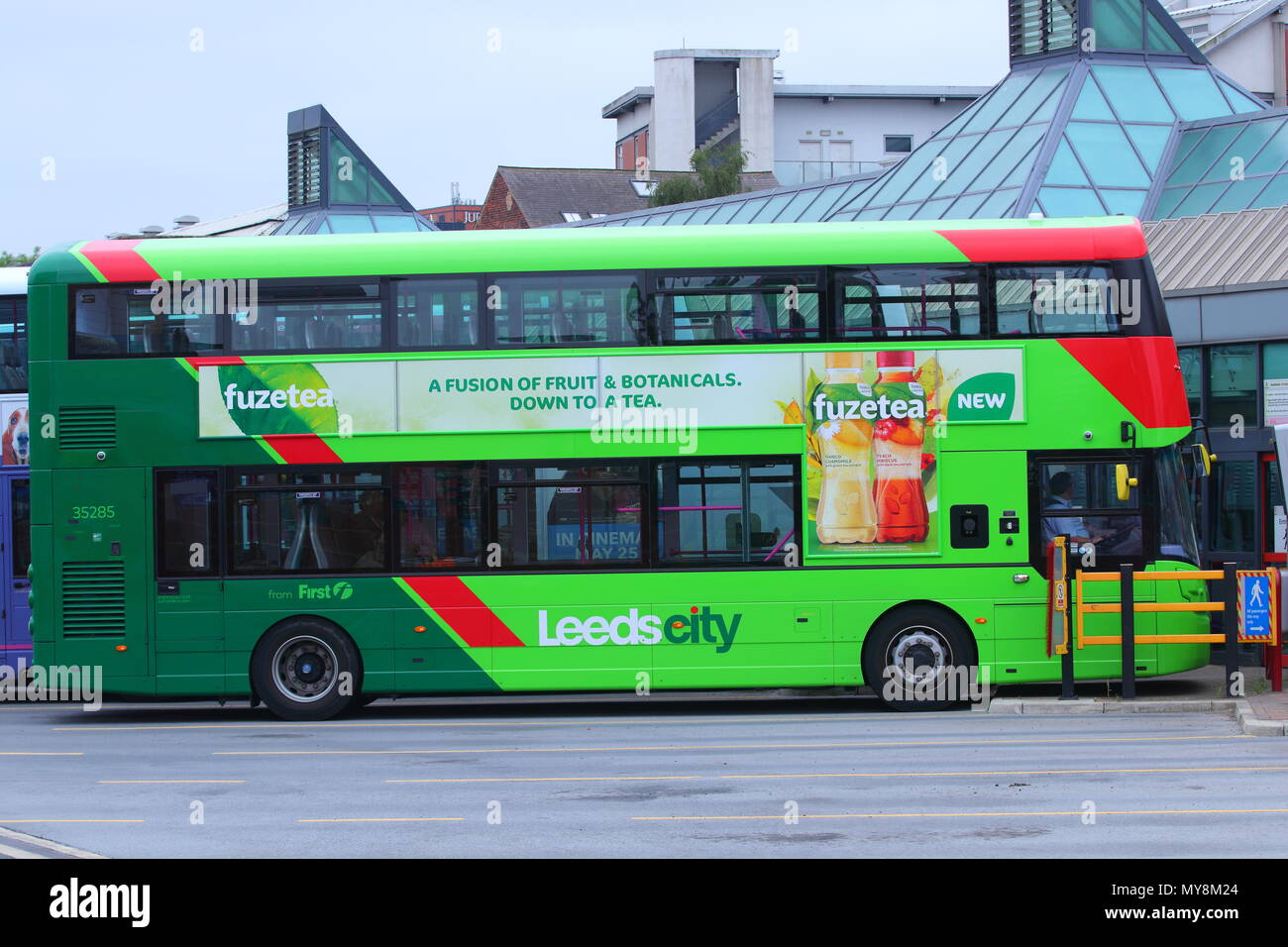 First Bus Double Decker Bus leaving Leeds Bus Station Stock Photo