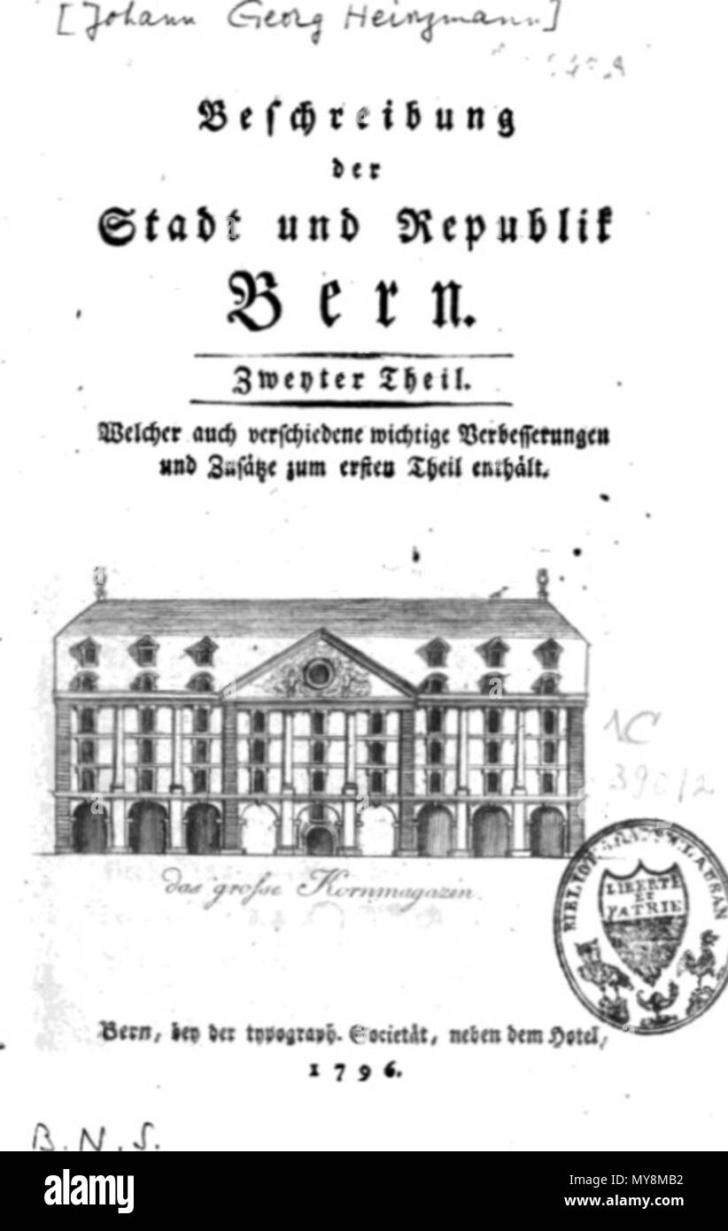 . Deutsch: (Johann Georg Heinzmann:) Beschreibung der Stadt und Republik Bern. 2. Theil, Bern 1796. 18 March 2016, 15:29:54. Unknown 234 Heinzmann Bern 2 Stock Photo