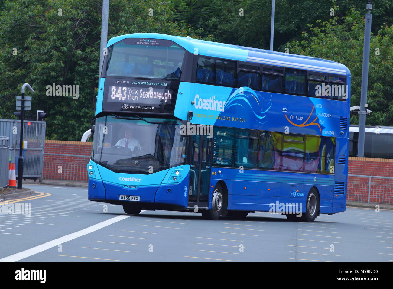 Yorkshire Coastliner double decker bus departing Leeds Bus Station Stock Photo Alamy
