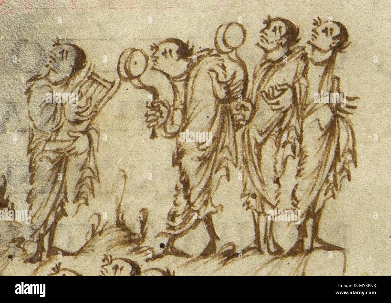 English: From the Utrecht Psalter, praising God with cymbals ('cymbalis' in  Latin). The instrument to the left is a psaltery or harp (likely a harp by  modern naming standards). circa 850