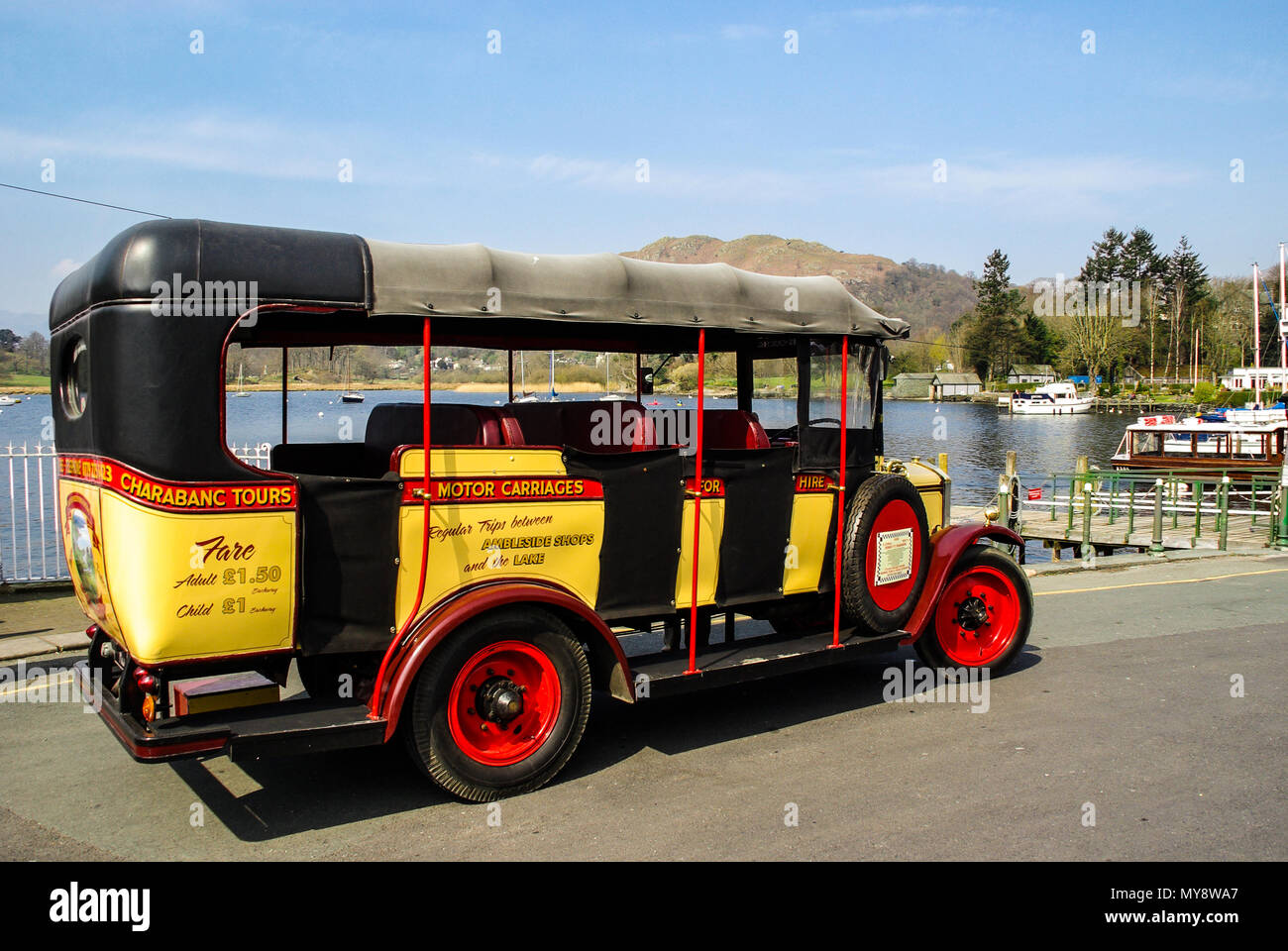 Charabanc Tours Motor Carriages vintage bus at Waterhead, Ambleside, on Windermere lake, Cumbria, UK. Classic vehicle Stock Photo