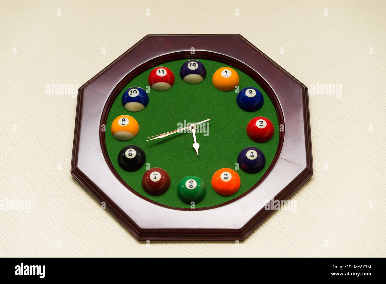 Watches made from billiard balls hang on the wall Stock Photo Alamy