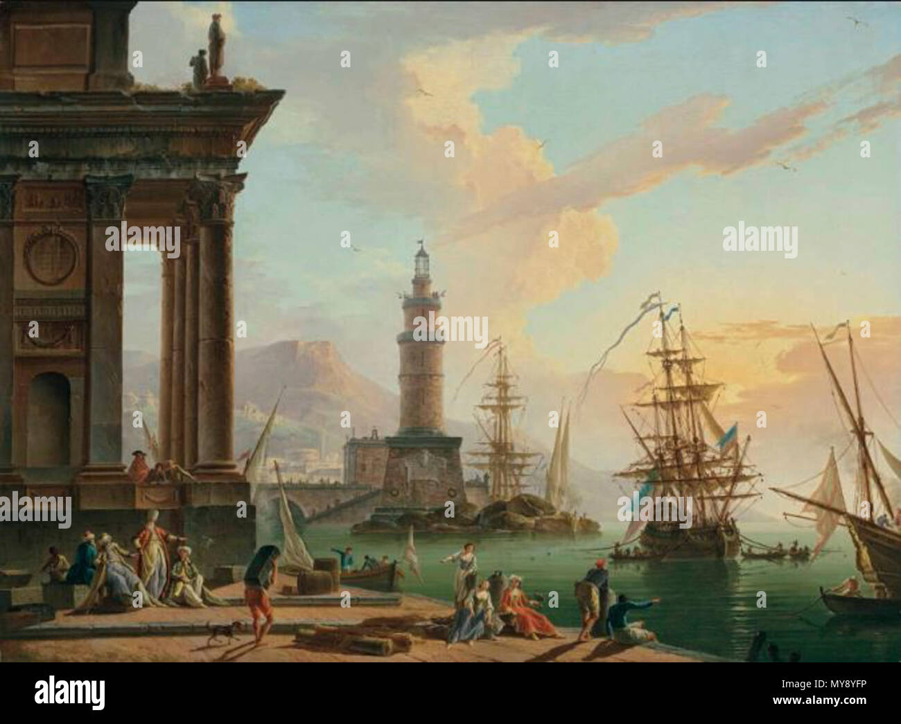 . A Mediterranean port with elegant figures in oriental costume and fisherfolk on the shore, a Dutch man-o-war beyond 18 A Mediterranean port with elegant figures in oriental costume and fisherfolk on the shore, a Dutch man-o-war beyond Stock Photo