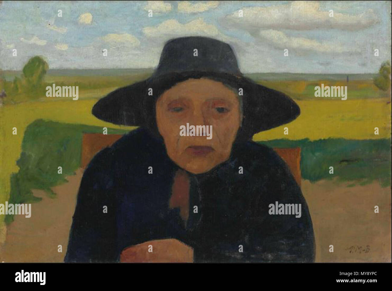 89 Brustbild einer alten Bäuerin mit Hut vor Landschaft Stock Photo