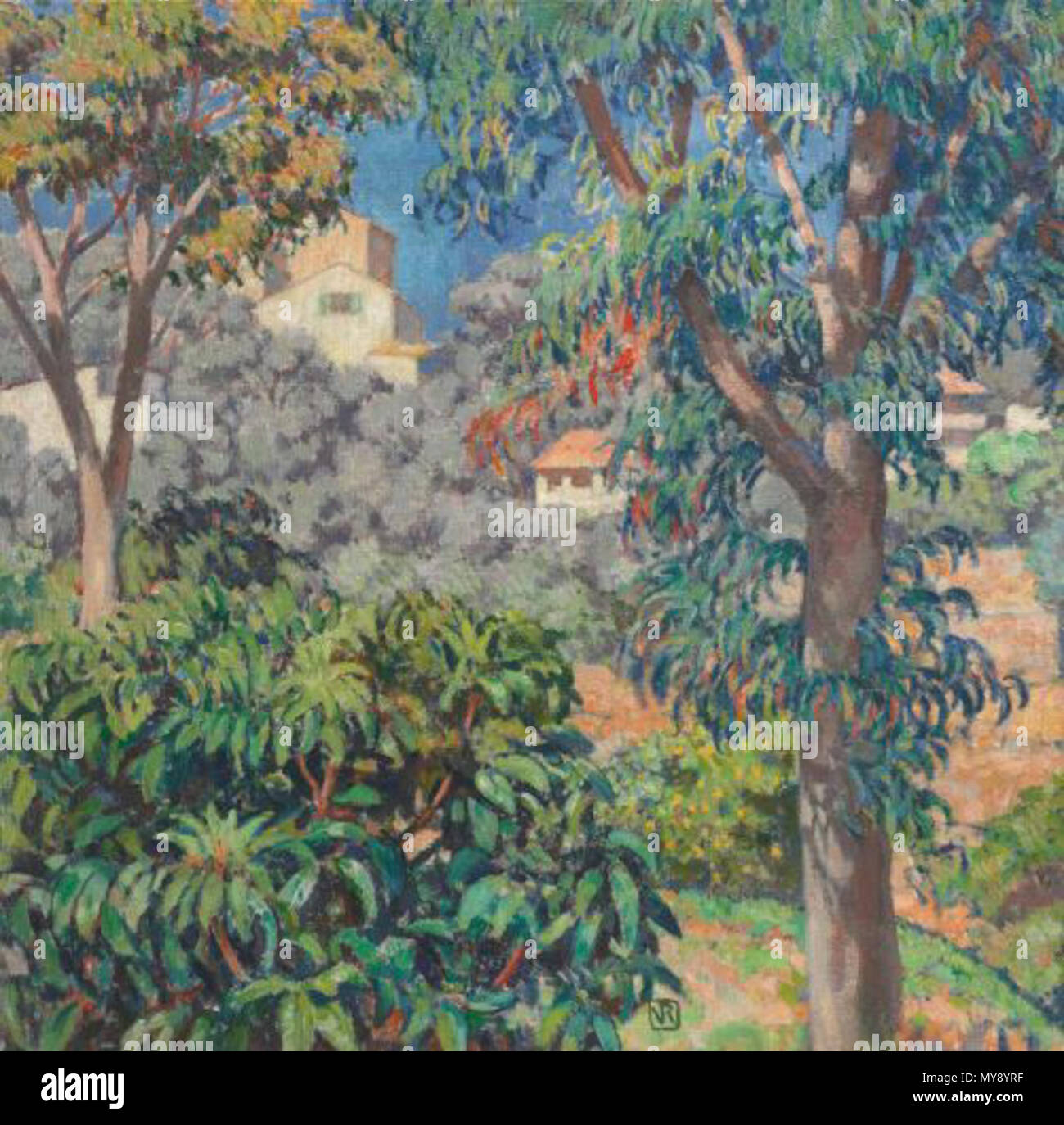 552 Villas vues à travers les eucalyptus, La Mortola Stock Photo