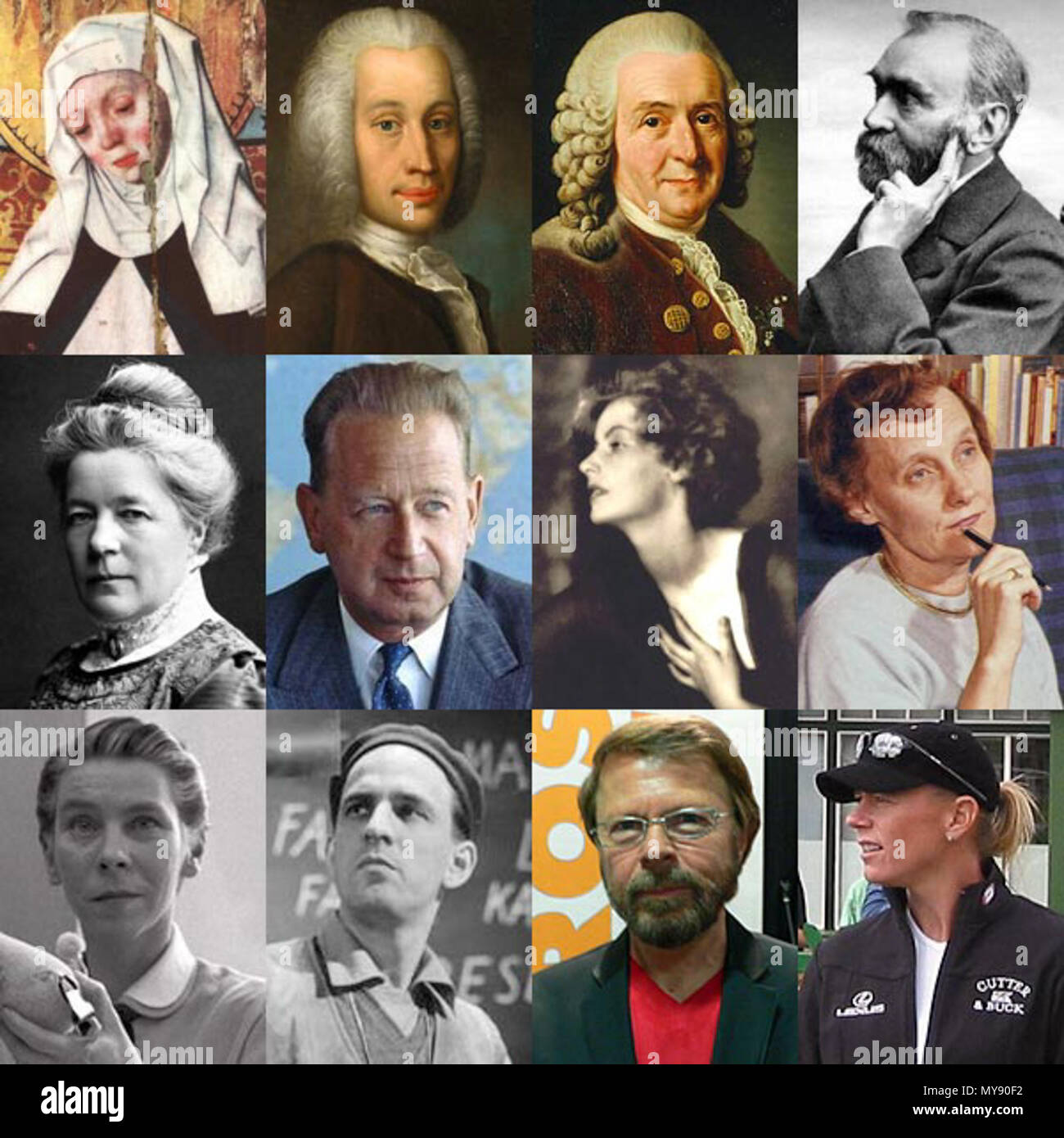 . English: Collage of images representing the Swedish people. Top Row (left to right): Bridget of Sweden, Anders Celsius, Carl Linnaeus, Alfred Nobel Second Row (left to right): Selma Lagerlöf, Dag Hammarskjöld, Greta Garbo, Astrid Lindgren Third Row (left to right): Tove Jansson, Ingmar Bergman, Björn Ulvaeus, Annika Sörenstam . 6 March 2010. Narking 3 12-swedes-ver2010 Stock Photo