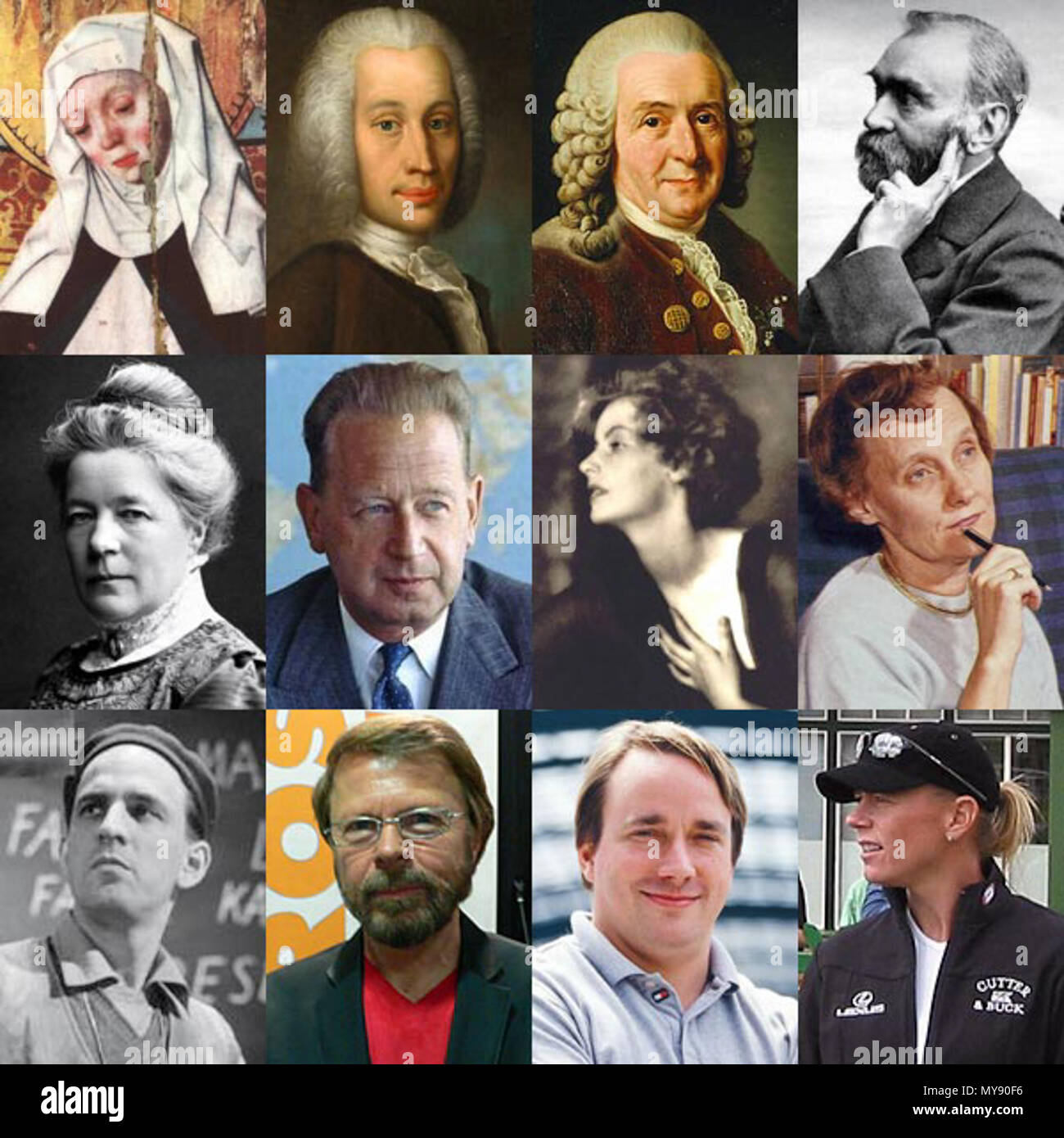 . English: Collage of images representing the Swedish people. Top Row (left to right): Bridget of Sweden, Anders Celsius, Carl Linnaeus, Alfred Nobel Second Row (left to right): Selma Lagerlöf, Dag Hammarskjöld, Greta Garbo, Astrid Lindgren Third Row (left to right): Ingmar Bergman, Björn Ulvaeus, Linus Torvalds, Annika Sörenstam . 11 April 2009. Narking 3 12-swedes Stock Photo