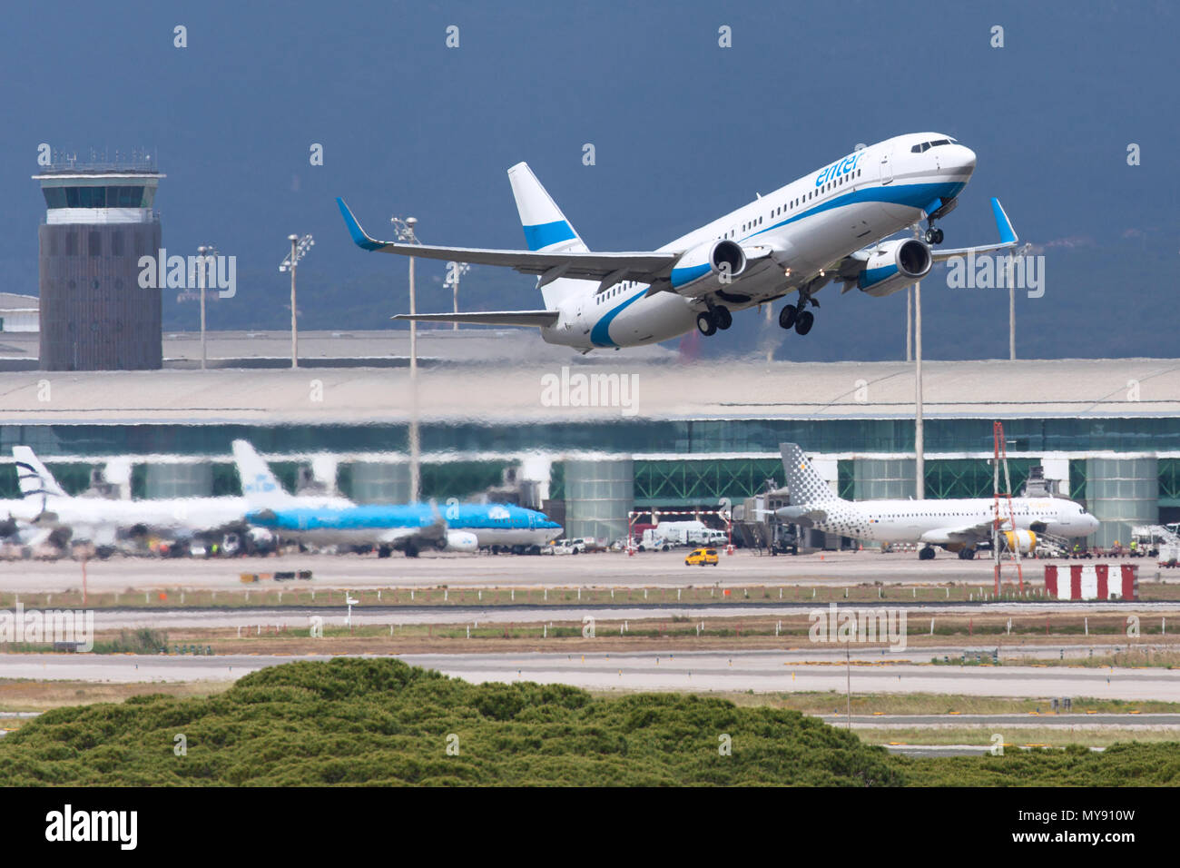 Barcelona, Spain - May 26, 2018: Enter Air Boeing 737-800 taking off from El Prat Airport in Barcelona, Spain. Stock Photo