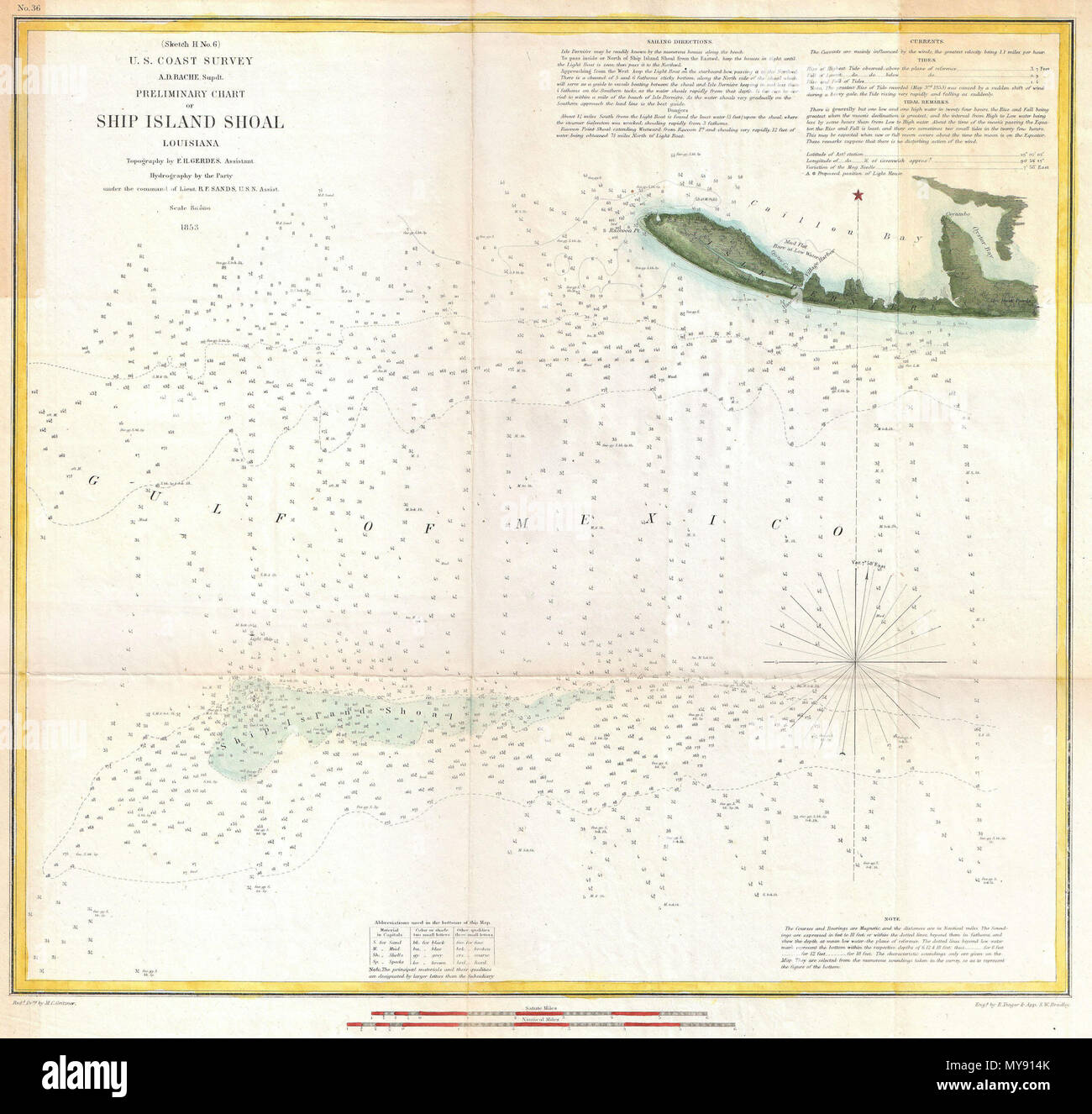Sketch H No. 6) Preliminary Chart of Ship Island Shoal Louisiana. English:  An attractive example of the U.S. Coast Survey Map of Louisiana's Ship  Island Shoal. Details part Isle Derniere (Ast, image size:1300x1326