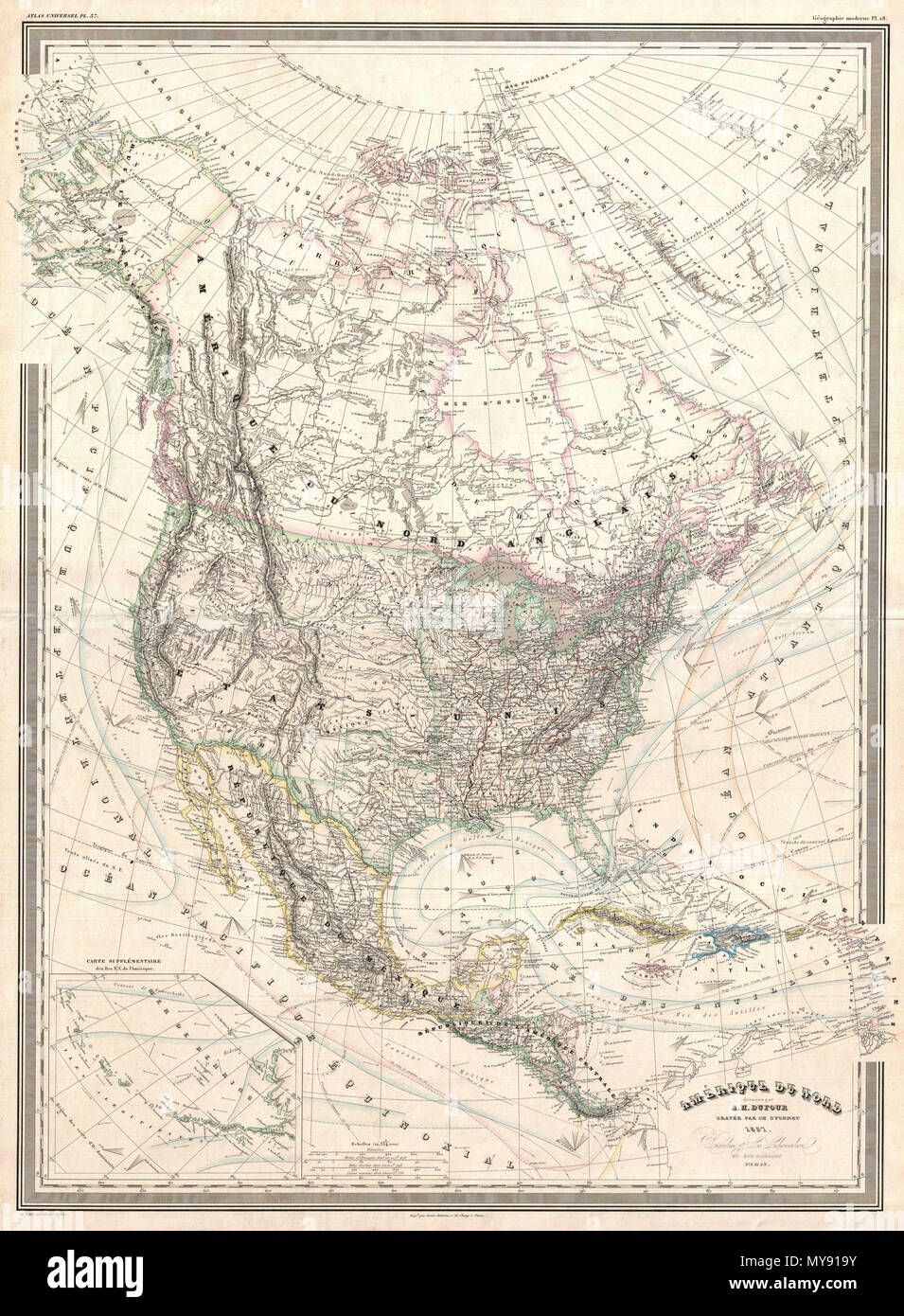 . Amerique du Nord.  English: A finely detailed large format 1857 map of the North America on Mercator's projection by the French cartographer A. H. Dufour. This map covers the entire continent from the Polar Ice Cap to the northern part of South America inclusive of the West Indies, Central America, Mexico, the United States, Canada and Alaska. In addition to standard political and physical data this map offers a vast wealth of cartographic information including nautical routes, currents, winds, notes on explorers, some offshore details, comments on the polar ice caps, notes on vegetation, an Stock Photo