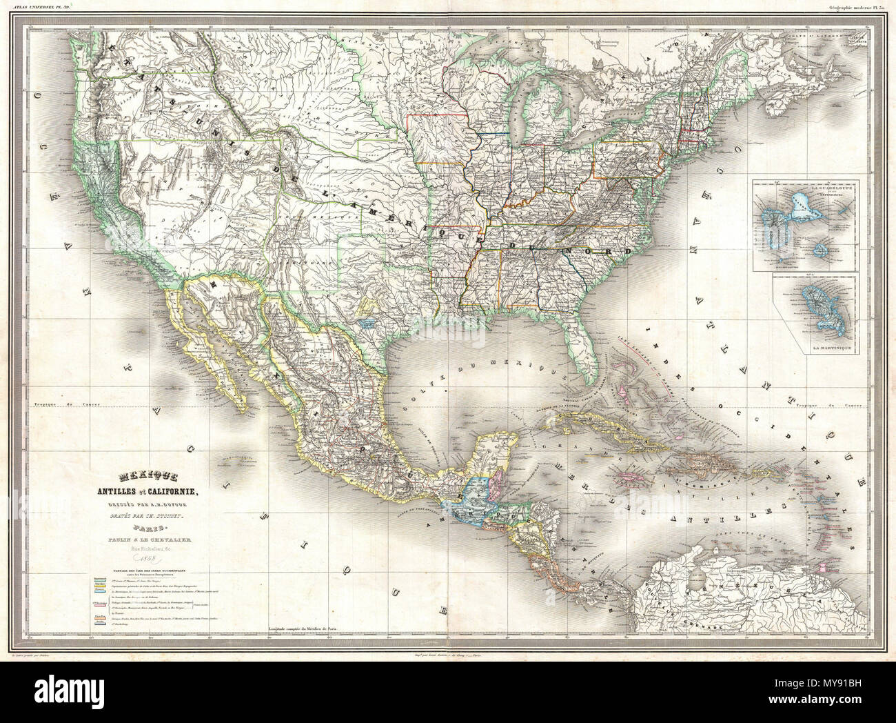 . Mexique Antilles et Californie .  English: A finely detailed large format 1858 map of the United States on Mercator's projection by the French cartographer A. H. Dufour. Convers the entirety of the United States during the brief period following the Gold Rush but before the outbreak of the American Civil War. The European influence of this map can be seen in the French (around San Antonio) and German (near Austin) colonies noted in Texas. Castroville appears as the major town in the Col. Française, which extends west to the Frio River. The Col. Allemande shows the Adelsverein's area between  Stock Photo