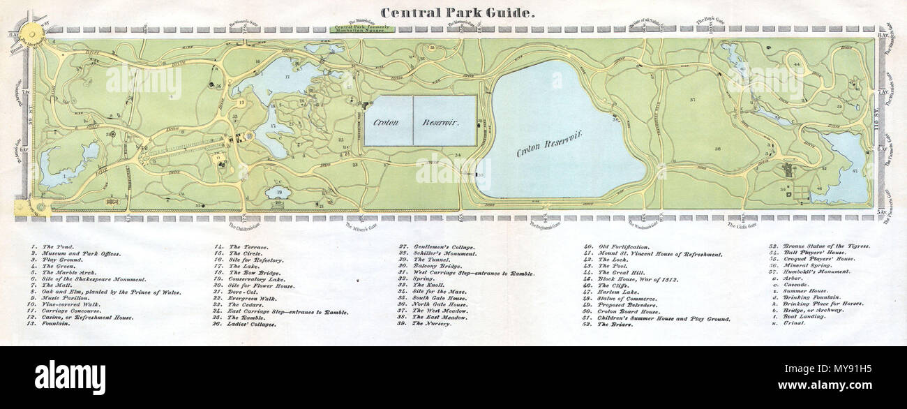Central Park Guide English A Rare Hand Colored Map Of New York