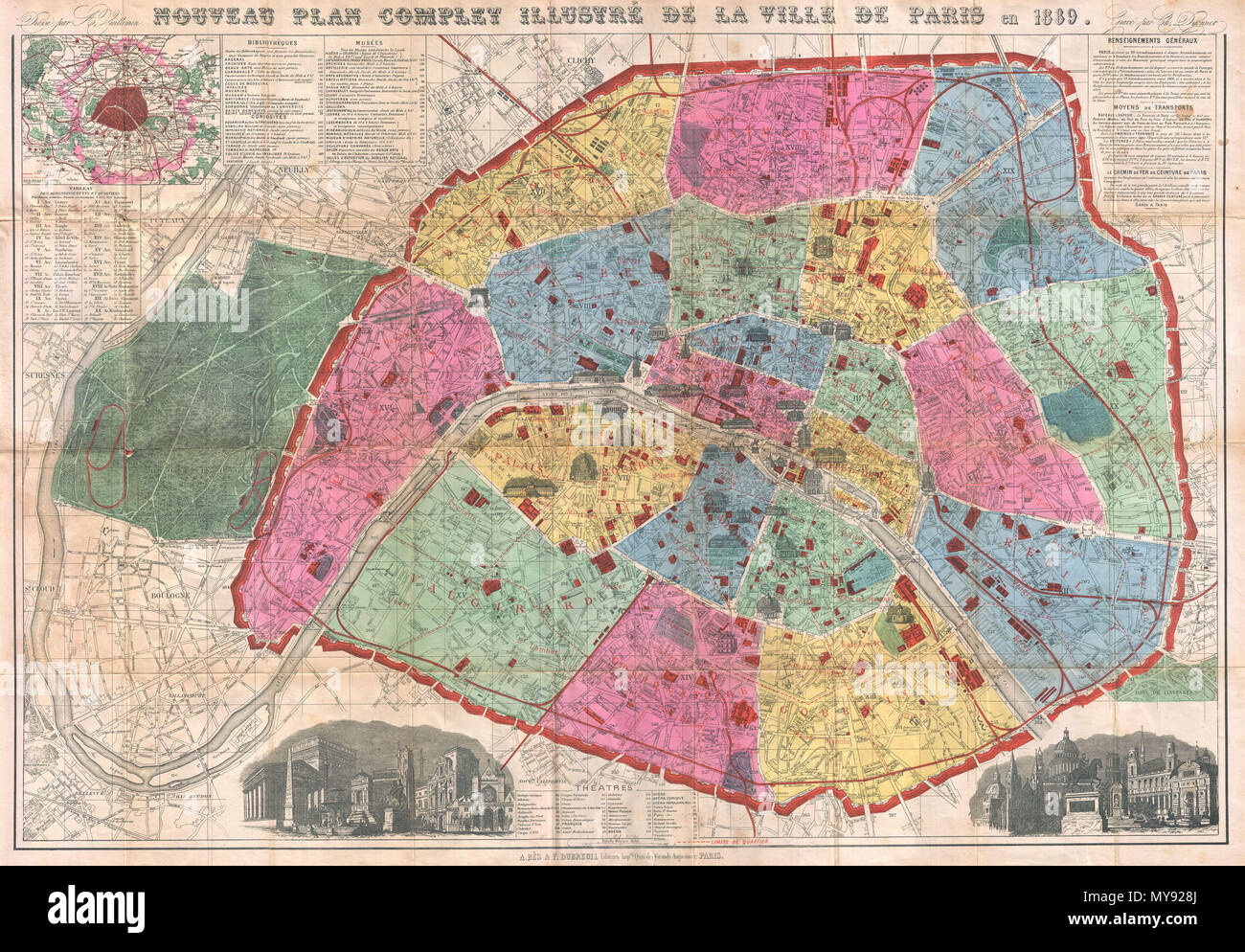 . Nouveau Plan Complet Illustre de la Ville de Paris en 1889.  English: A bright, colorful map of Paris made by A. Vuillemin for the 1889 Exposition Universelle (World's Fair). Depicts the walled center of Paris as well as its immediate vicinity to the west, including the Bois de Boulogne. Important buildings are noted throughout and often shown in profile. The park where the 1880 Exposition Universelle was held, named the Champ de Mars, is noted. At the western end of the Champ de Mars, the Eiffel Tower is also noted as Tour Eiffel 300 Meters. It is actually 324 meters. The Eiffel Tower was b Stock Photo