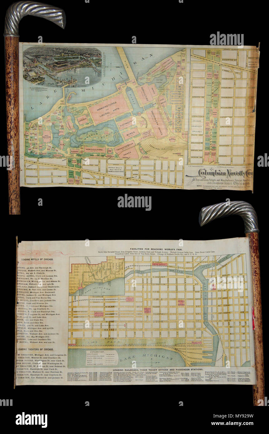 . Columbian Novelty Company .  English: An extremely rare and unusual cane and map prepared in 1893 for the Chicago World's Fair or, as it is better known, the 1893 Columbian Exposition. The map extends from an internal roller mechanism in the top of the cane. It is printed and hand colored on both sides. The primary side shows the grounds of the Columbian Exposition, now Jackson Park and the Field Museum, naming all important buildings walks, pavilions, markets, etc. Among the specific sites noted are Buffalo Bill's Wild West Show & Congress of Rough Riders, the Chicago University Grounds, an Stock Photo