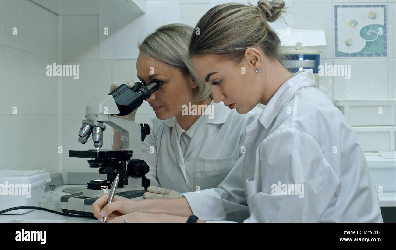 Two young female scientists writes report in modern laboratory, using microscope and making notes Stock Photo