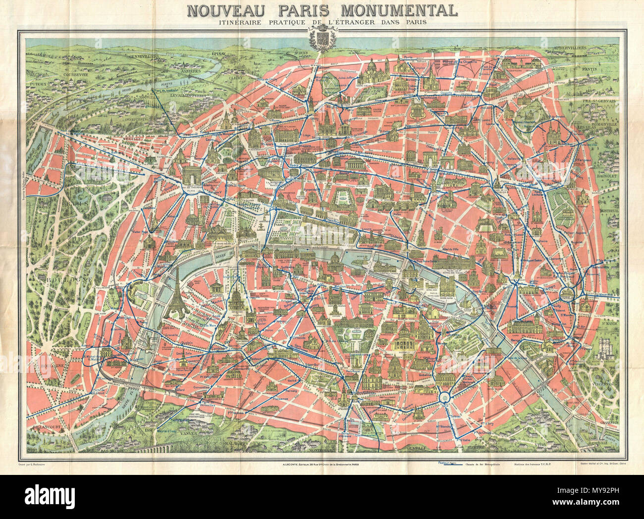 . Nouveau Paris Monumental Inineraire Pratique de L'Etranger Dans Paris.  English: A highly decorative map of Paris dating to c. 1910. Covers the historic center of Paris as well as some of the surrounding countryside - in particular the Bois de Boulogne. Designed with the tourist in mind, this map shows all major monuments and historic attractions, including the Eiffel Tower, in profile. Train and tram lines are noted in blue. Folds into original art nouveau style red binder which also contains a short guide to the city in English, French and German. . 1910 (undated) 10 1910 Leconte Monument  Stock Photo