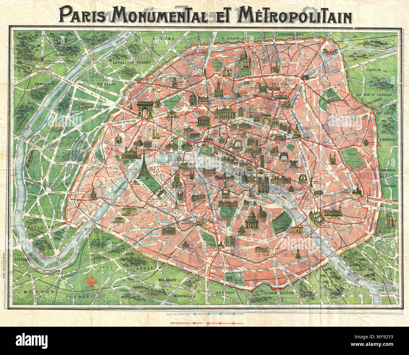 Paris Monumental et Metropolitain. English: This c. 1920 map of Paris,  France, is one of the most desirable of the “Paris Monumental” series.  Designed with the tourist in mind, this map