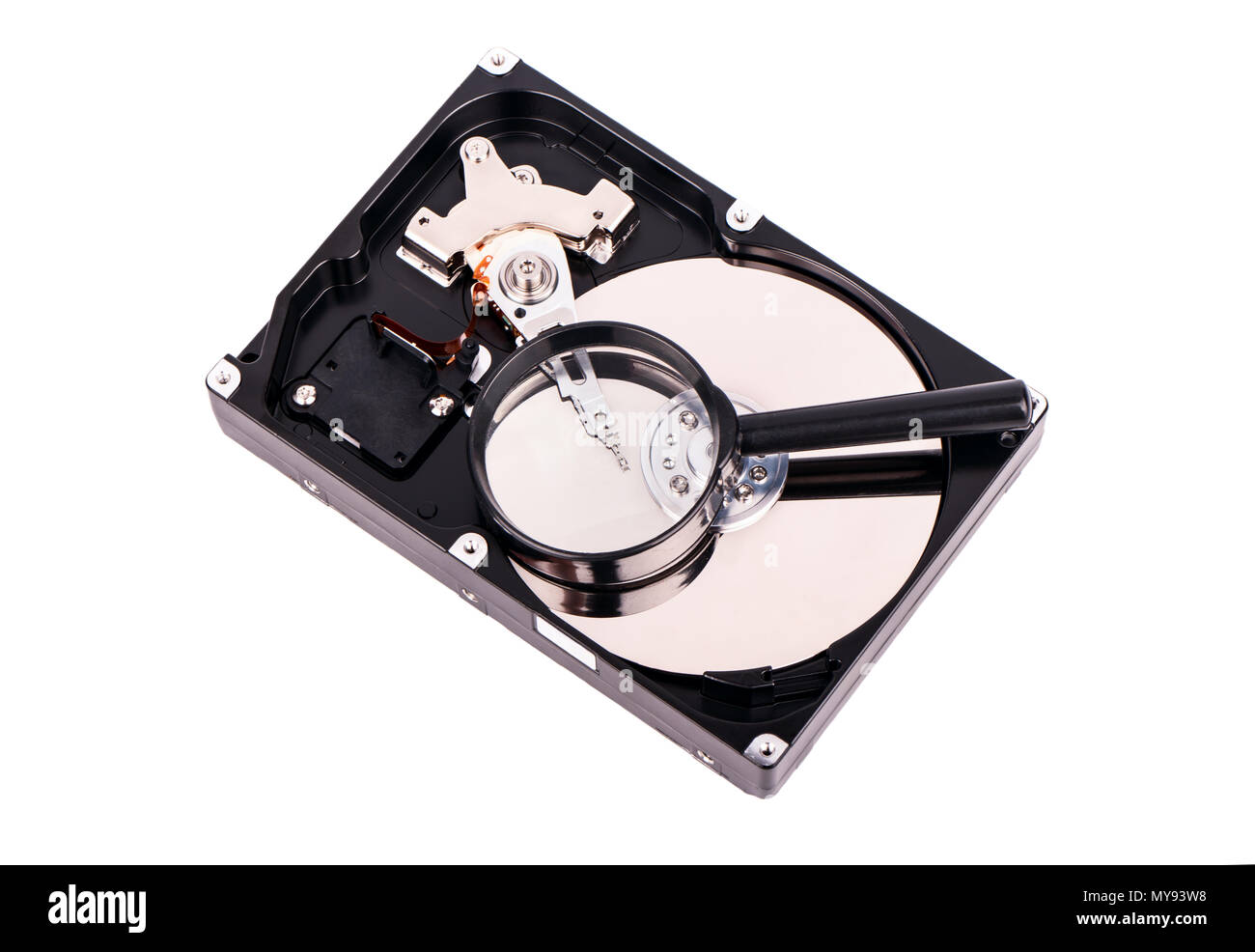 Search and diagnosis of a hard drive (HDD) with a magnifying glass on a ...
