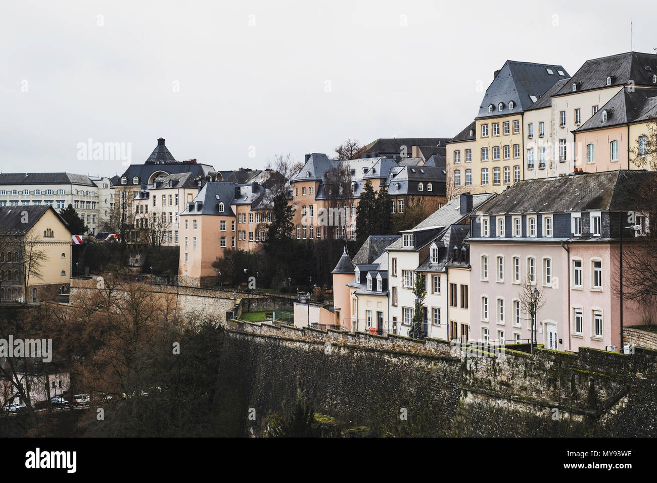 a view of the old town of Luxembourg City, in Luxembourg, with its typical houses with black slate roofs Stock Photo