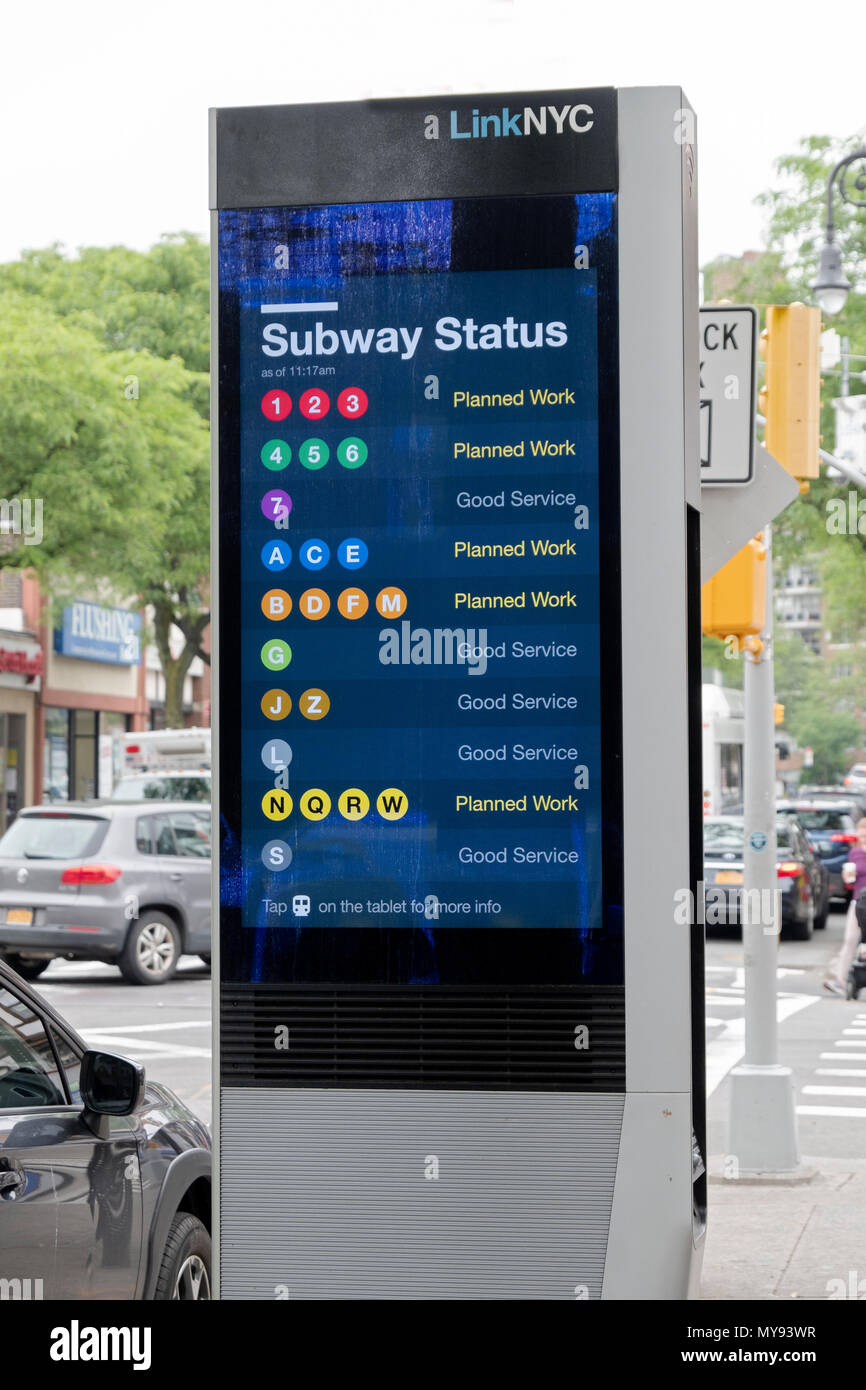 A LINKNYC terminal in Forest Hills, Queens which provides free phone calls, WIFI service, public service announcements & amusing messages. Stock Photo