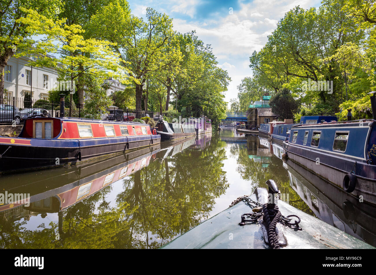 Narrowboat travelling through Little Venice on the Regent's Canal, London, UK Stock Photo