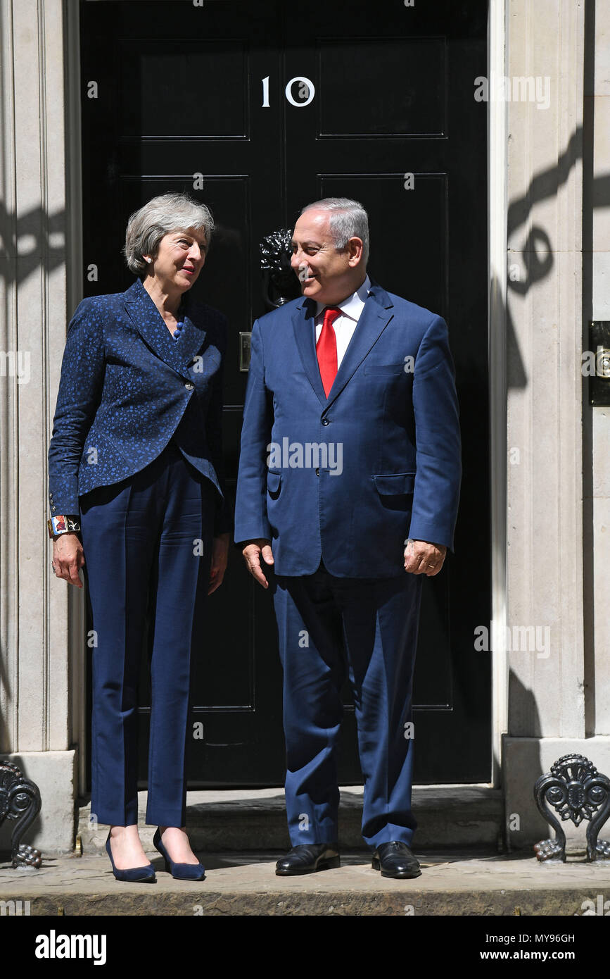 Prime Minister Theresa May greets Israeli Prime Minister Benjamin Netanyahu to 10 Downing Street, London, ahead of a bilateral meeting. Stock Photo