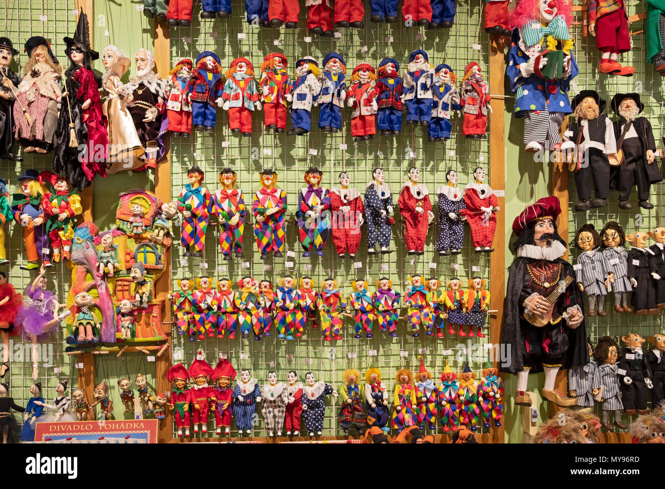 Marionettes and other children's locally made toys for sale at Ceske Hracky  U Zlateho Iva in Prague, Czech Republic Stock Photo - Alamy