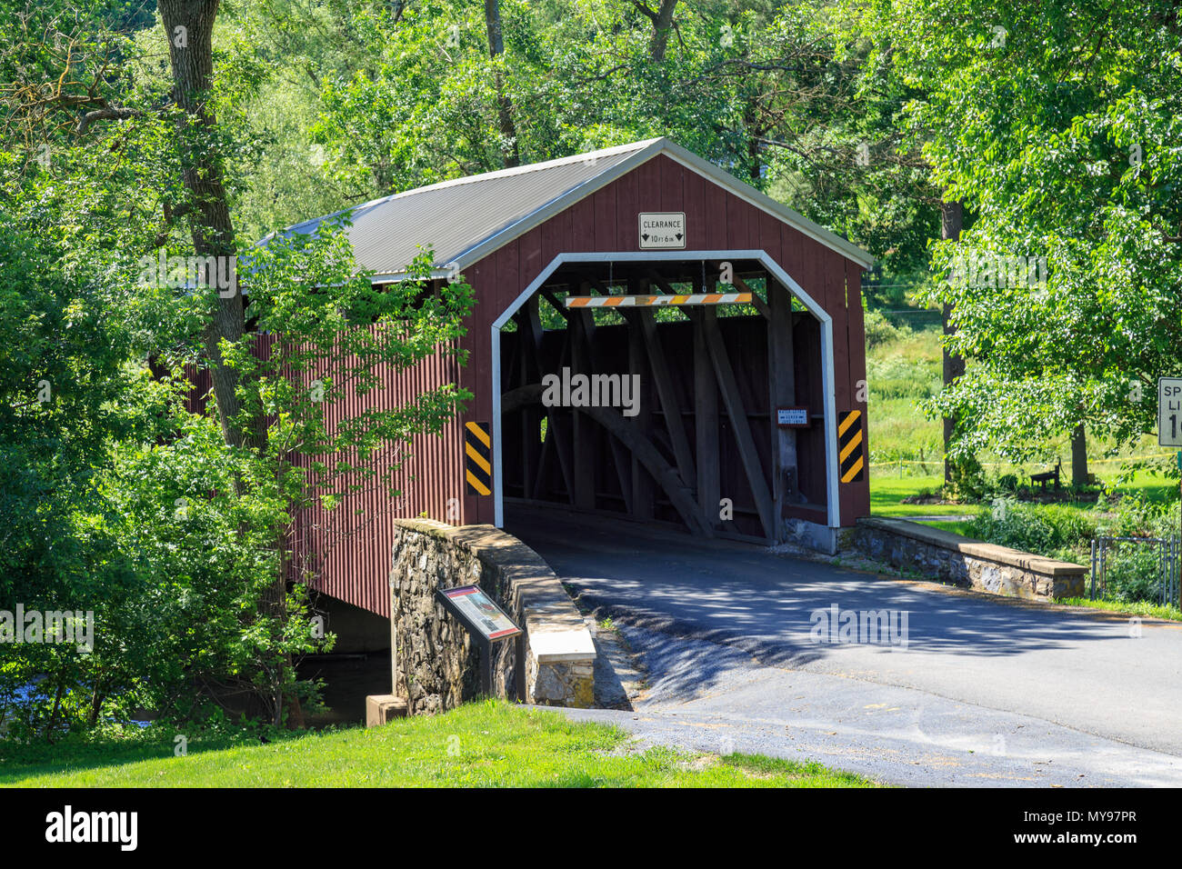 Leola, PA, USA June 5, 2018 Zook’s Mill Covered Bridge spans the