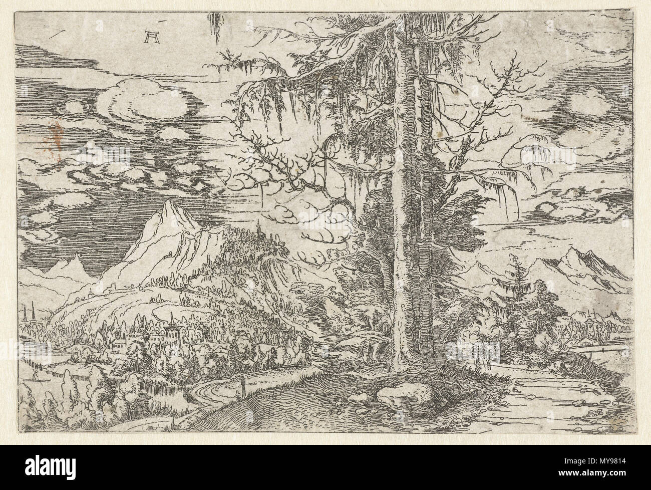 . English: Albrecht Altdorfer - Landscape with a Double Spruce (Rijksmuseum RP-P-OB-2980) . between 1506 and 1522.   Albrecht Altdorfer  (1480–1538)     Description German painter, draughtsman, engraver and architect  Date of birth/death circa 1480 12 February 1538  Location of birth/death Altdorf or Regensburg Regensburg  Work location Regensburg  Authority control  : Q153746 VIAF: 100221829 ISNI: 0000 0001 2145 2119 ULAN: 500031250 LCCN: n50053721 NLA: 35003981 WorldCat 28 Albrecht Altdorfer - Landscape with a Double Spruce (Rijksmuseum RP-P-OB-2980) Stock Photo