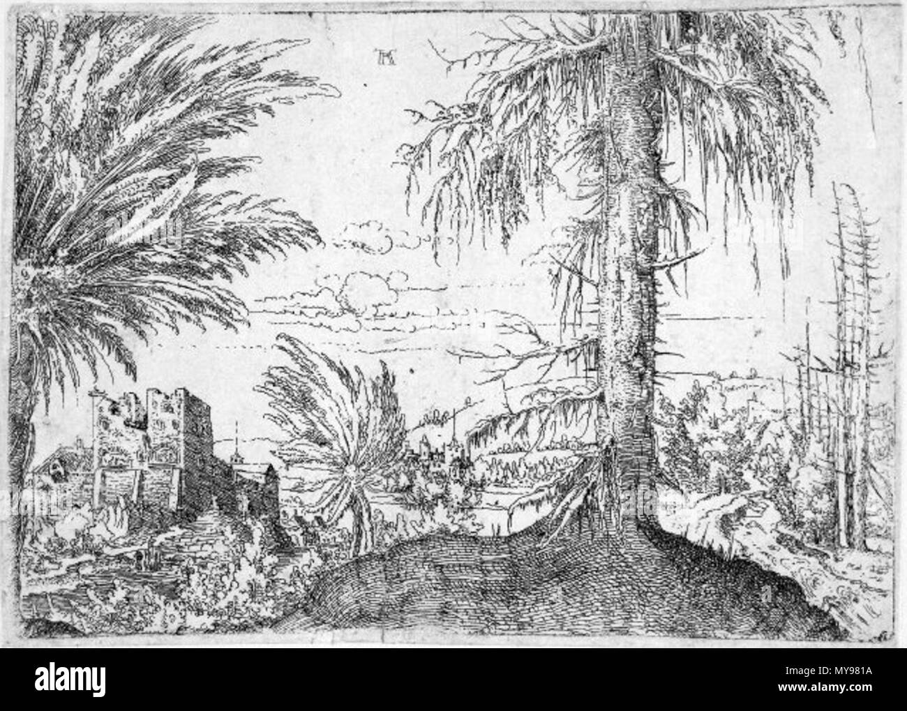 . English: Albrecht Altdorfer - Landscape with spruce and two willows; with fortified buildings on left (British Museum 1923,1112.10) . between 1521 and 1522.   Albrecht Altdorfer  (1480–1538)     Description German painter, draughtsman, engraver and architect  Date of birth/death circa 1480 12 February 1538  Location of birth/death Altdorf or Regensburg Regensburg  Work location Regensburg  Authority control  : Q153746 VIAF: 100221829 ISNI: 0000 0001 2145 2119 ULAN: 500031250 LCCN: n50053721 NLA: 35003981 WorldCat 28 Albrecht Altdorfer - Landscape with spruce and two willows; with fortified b Stock Photo