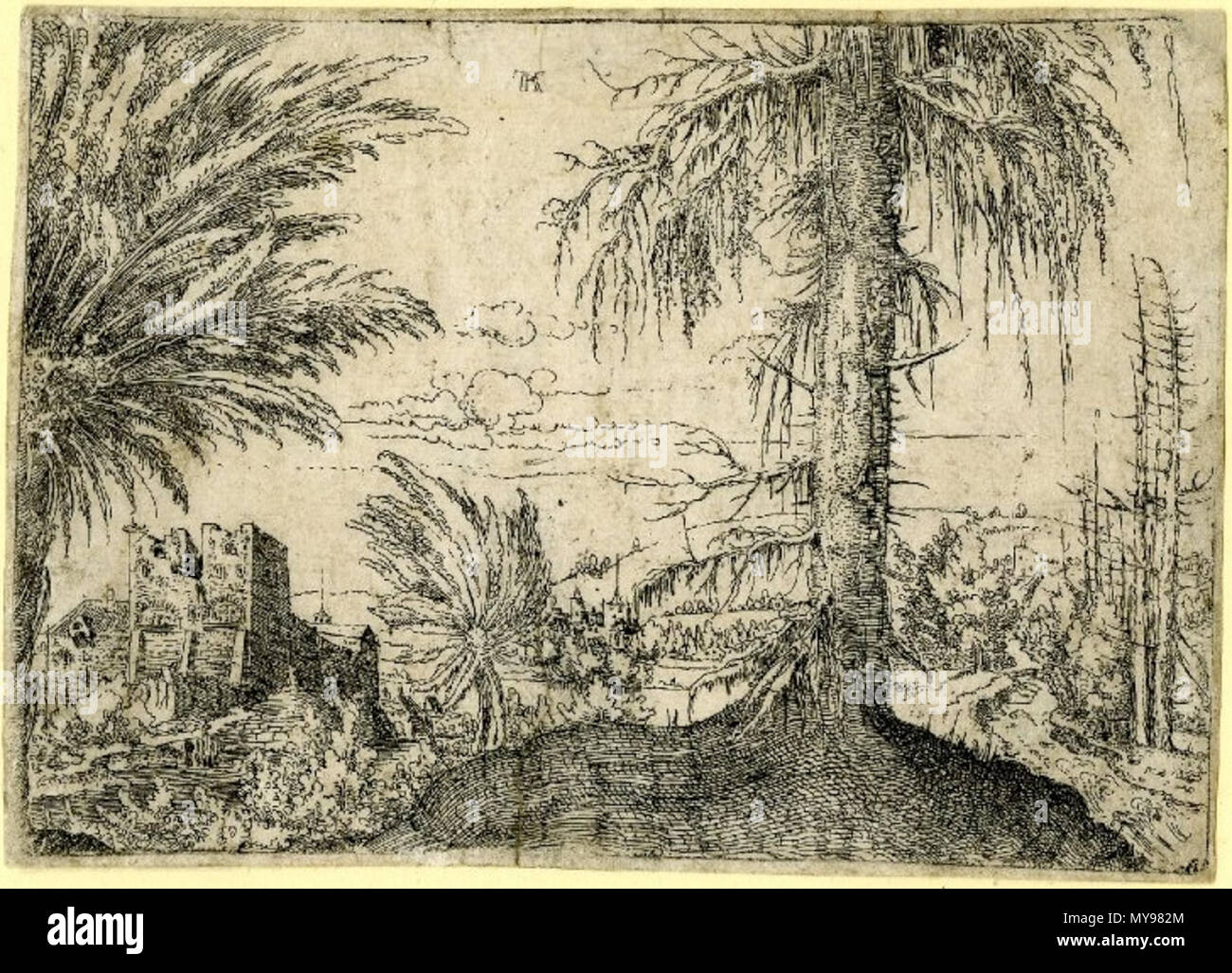 . English: Albrecht Altdorfer - Landscape with spruce and two willows; with fortified buildings on left (British Museum 1923,1112.10) . between 1521 and 1522.   Albrecht Altdorfer  (1480–1538)     Description German painter, draughtsman, engraver and architect  Date of birth/death circa 1480 12 February 1538  Location of birth/death Altdorf or Regensburg Regensburg  Work location Regensburg  Authority control  : Q153746 VIAF: 100221829 ISNI: 0000 0001 2145 2119 ULAN: 500031250 LCCN: n50053721 NLA: 35003981 WorldCat 28 Albrecht Altdorfer - Landscape with spruce and two willows; with fortified b Stock Photo