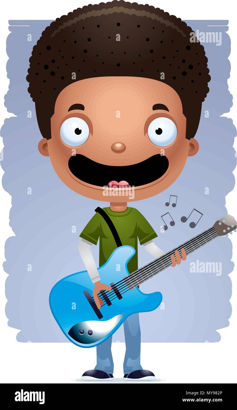 A cartoon illustration of a teenage boy playing an electric guitar. Stock Vector