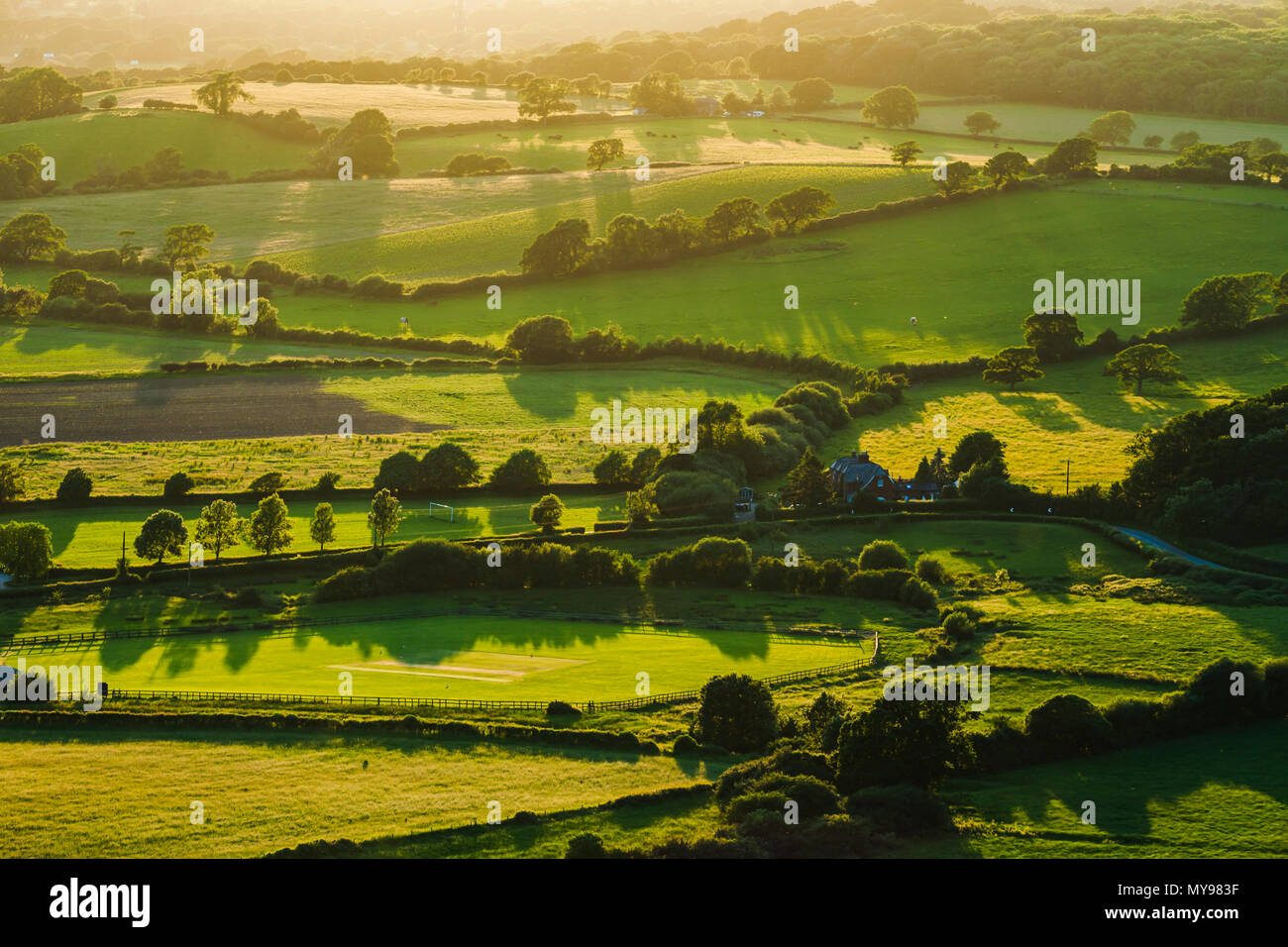 Spring sunset on the South Downs, West Sussex, England. Stock Photo