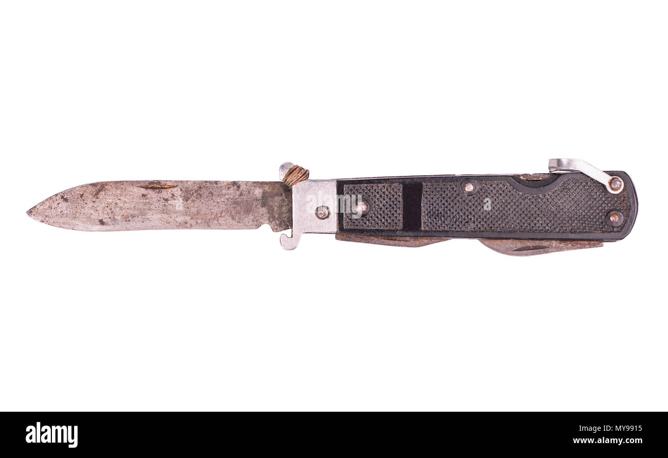 Open old rusty folding knife isolated on a white background, top view Stock Photo