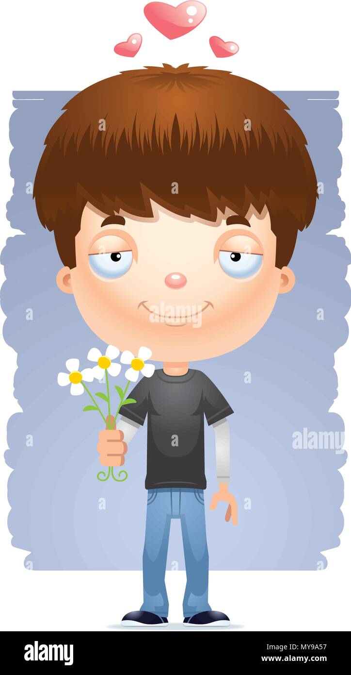 A cartoon illustration of a teenage boy with flowers. Stock Vector
