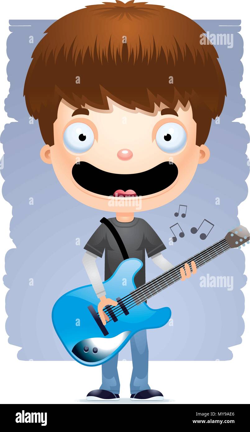 A cartoon illustration of a teenage boy playing an electric guitar. Stock Vector