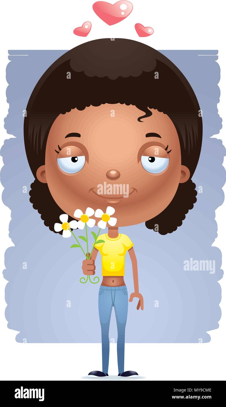 A cartoon illustration of a teenage girl with flowers. Stock Vector