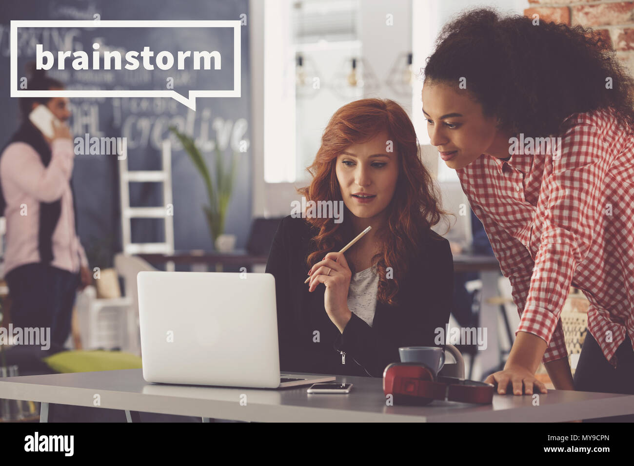 Creative women working together using computer, brainstorm concept Stock Photo