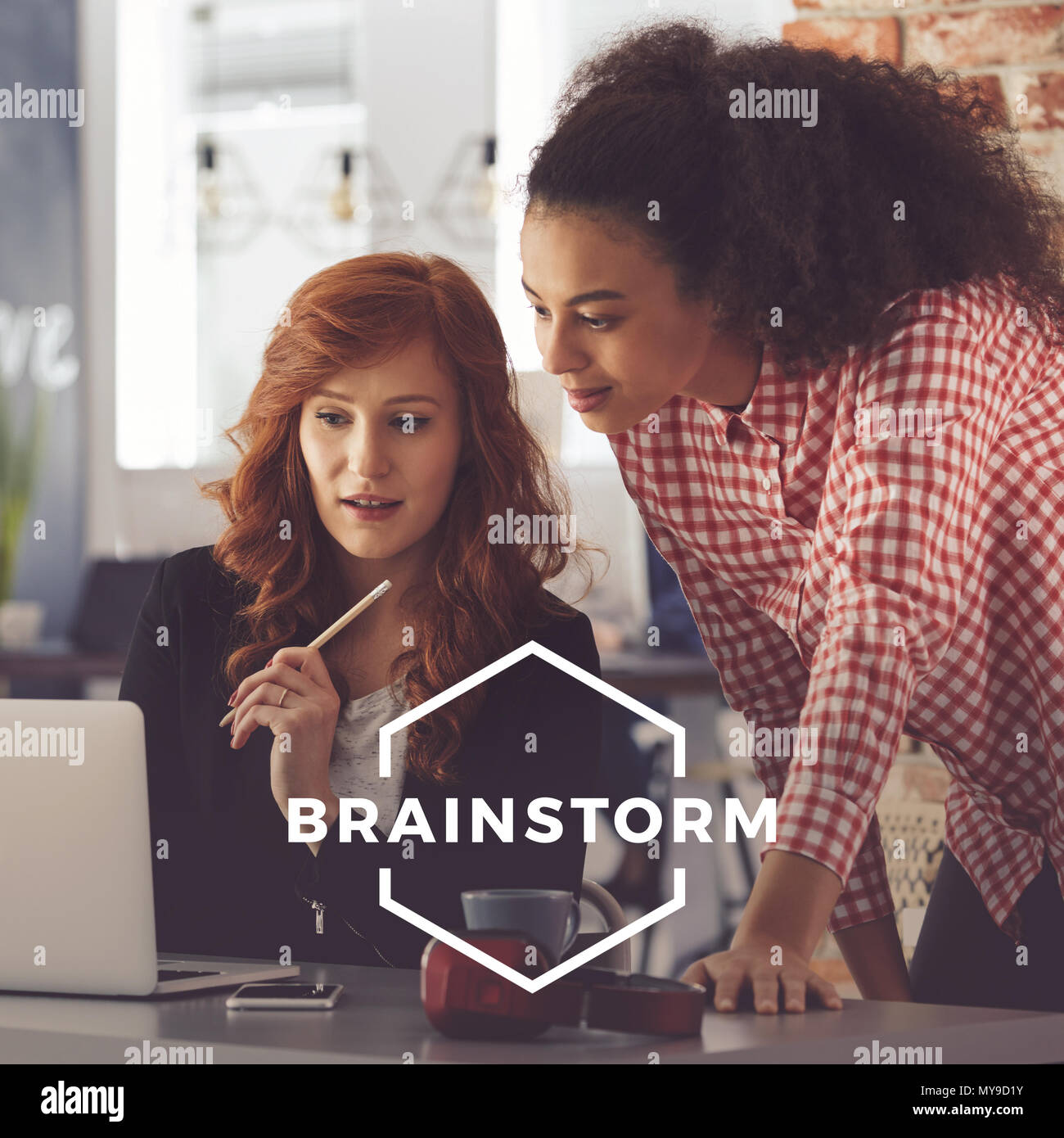 Workers of advertising agency using computer, brainstorm concept Stock Photo