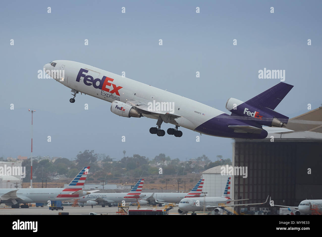FedEx Express DC-10 Cargo Plane Taking Off From Los Angeles International Airport, LAX, California, USA. Stock Photo