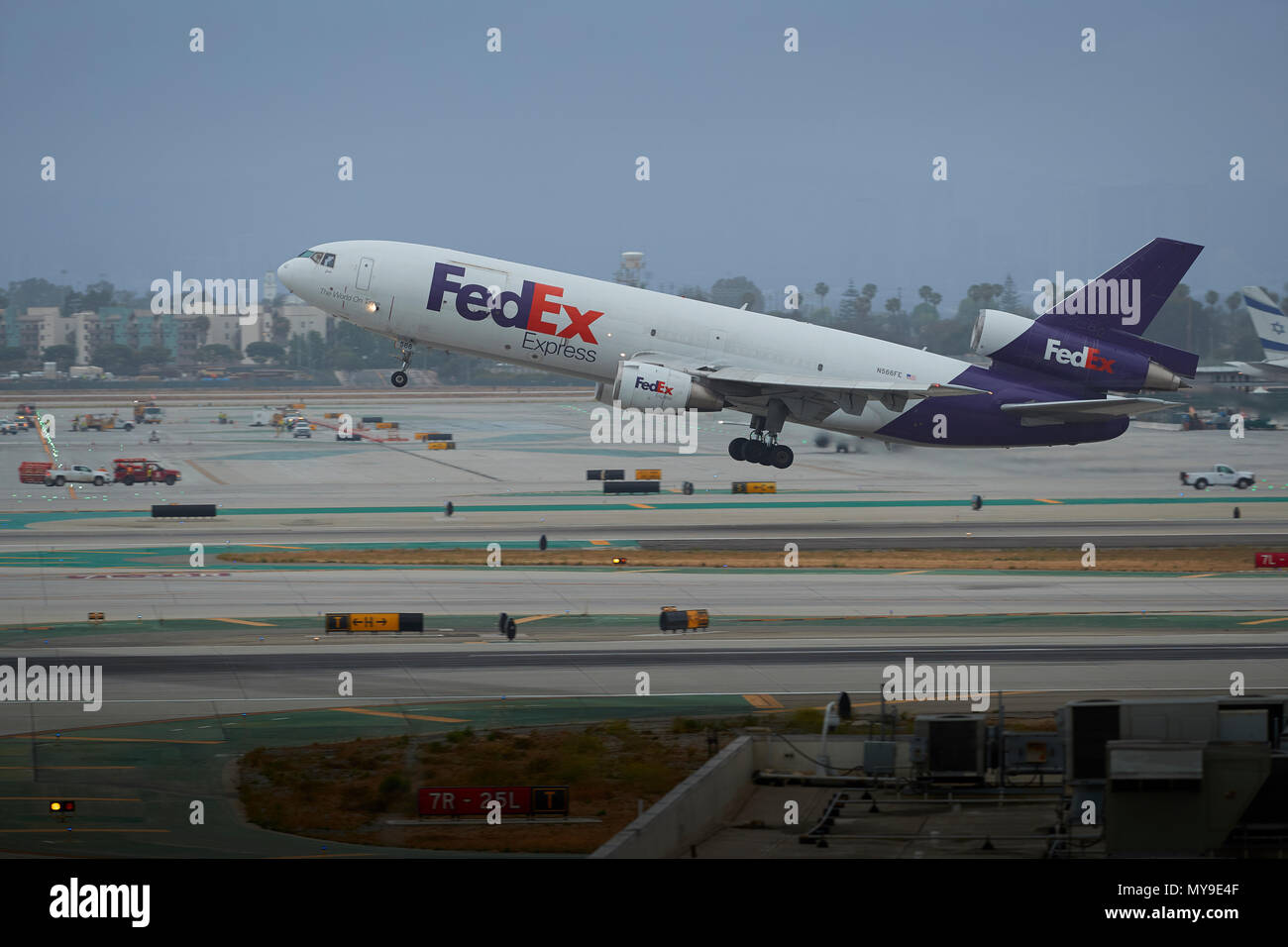 FedEx Express DC-10 Cargo Plane Taking Off From Los Angeles International Airport, LAX, California, USA. Stock Photo