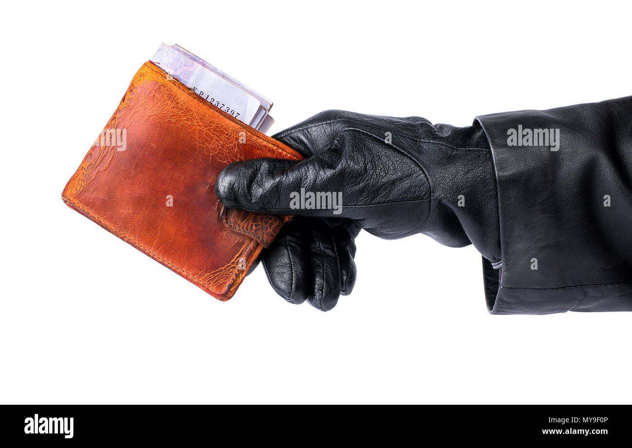 Thief holding in his hand stolen old purse with money on a white