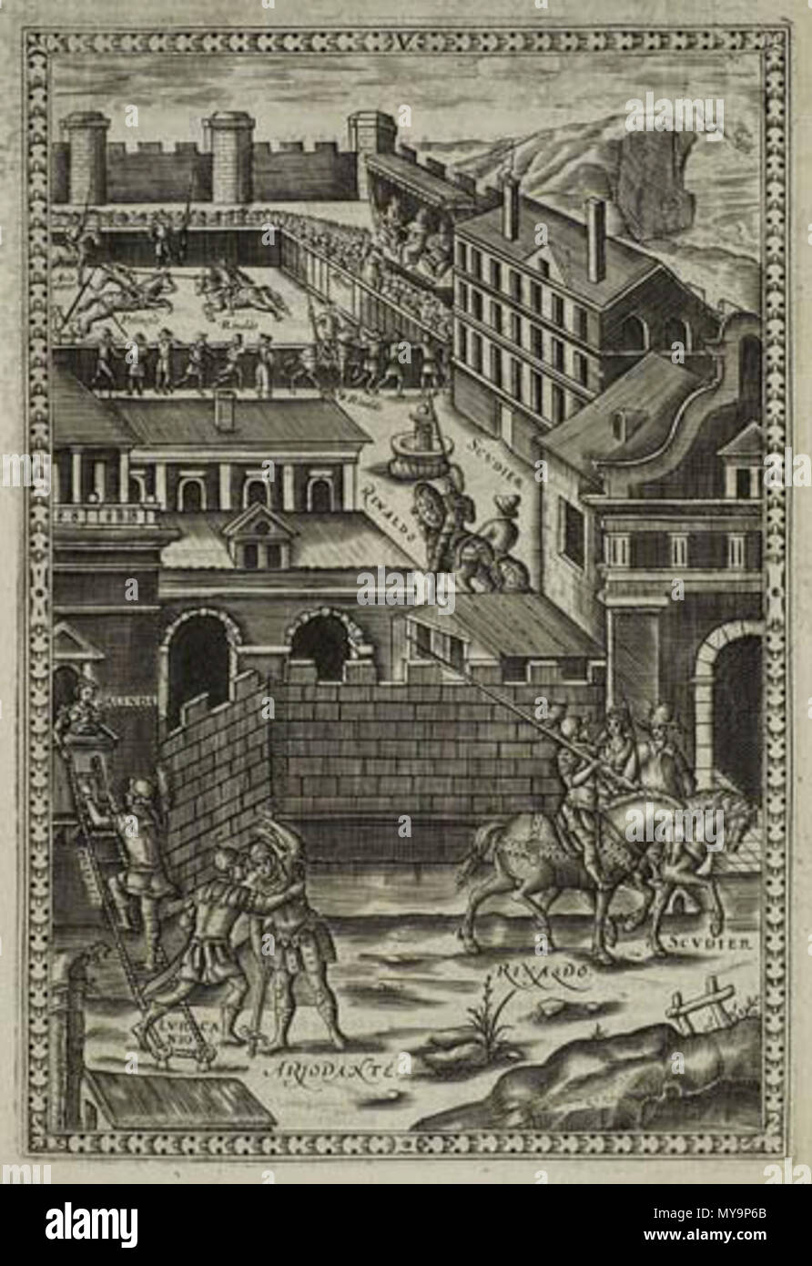 . English: Ludovico Ariosto, Orlando Furioso, 1634 - Ariodante and Dalinda, illustration pl.V, p.31. The tale of Ariodante, and Ginevra impersonated by Dalinda is the subject of a fine engraving in the 1634 edition of Harington's translation of Orlando Furioso. This plate shows several scenes from the story that Shakespeare used, including in the foreground, the deception of Ariodante when he is made to believe that his love, Ginevra, has welcomed another lover at night. 24 July 2012. Ludovico Ariosto, Orlando Furioso in English heroical verse by Sir John Harington now thirdly revised , London Stock Photo