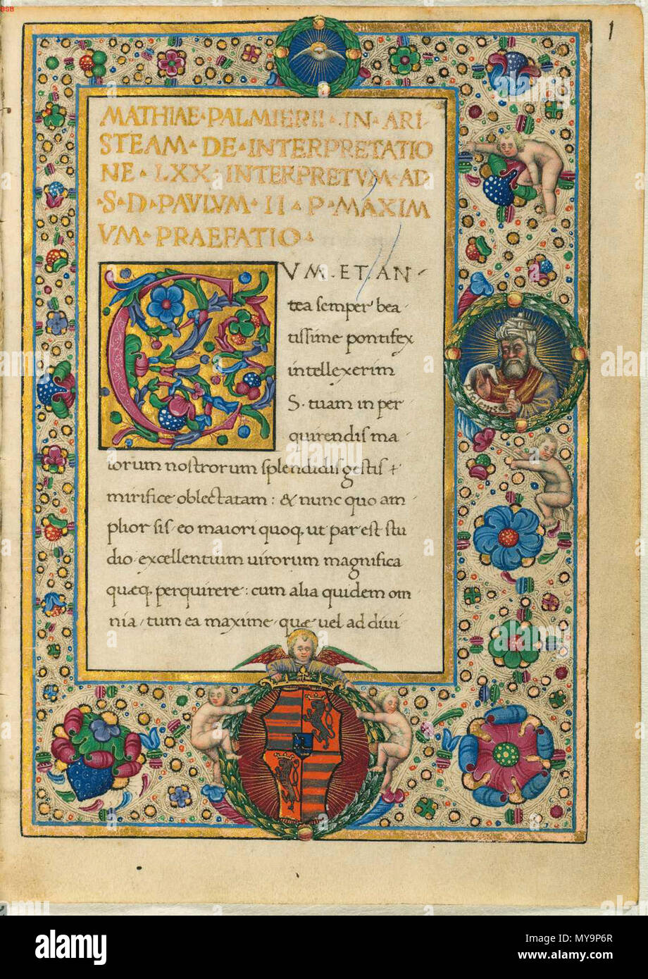 . English: Epistula ad Philocratem, known in English as Letter to Philocrates or Letter of Aristeas. Latin translation by Mattia Palmieri. Manuscript of cirсa 1480. Munich, Bayerische Staatsbibliothek (BSB Clm 627). Vignette on the right represents Ptolemy II who is said by Aristeas to have ordered the creation of Septuagint. Th crest in the lower border is that of the book's first owner, Matthias Corvinus who was the king of Hungary from 1458 to 1490. circa 1480. Unknown 48 Aristeas, Epistula ad Philocratem (BSB Clm 627) Stock Photo