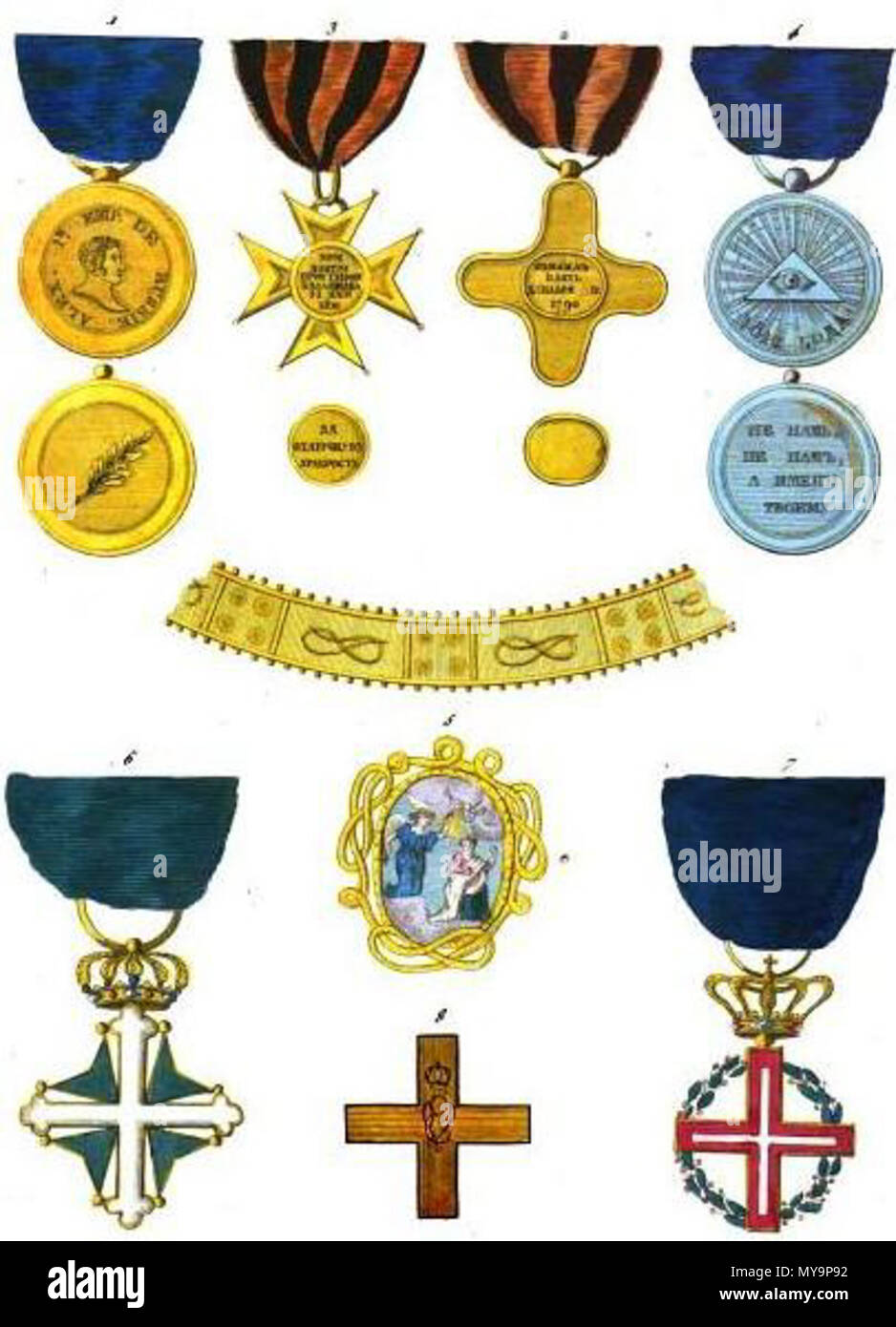 .  Français : Collection historique des ordres de chevalerie civils et militaires... English: Orders of chivalry: 1. Medal for Distinction in gold (Russia) 2. Izmail Cross (Russia) 3. Pazardzhik Cross (Russia) 4. 1812 War Medal in silver (Russia) 5. Order of the Most Holy Annunciation (Italy) 6. Order of Saints Maurice and Lazarus (Italy) 7. Military Order of Savoy, badge (Italy) 8. Military Order of Savoy, star (Italy) . 1820 49 Aristide Michel Perrot - Collection historique des ordres de chevalerie civils et militaires (1820) pl. XXXII Stock Photo