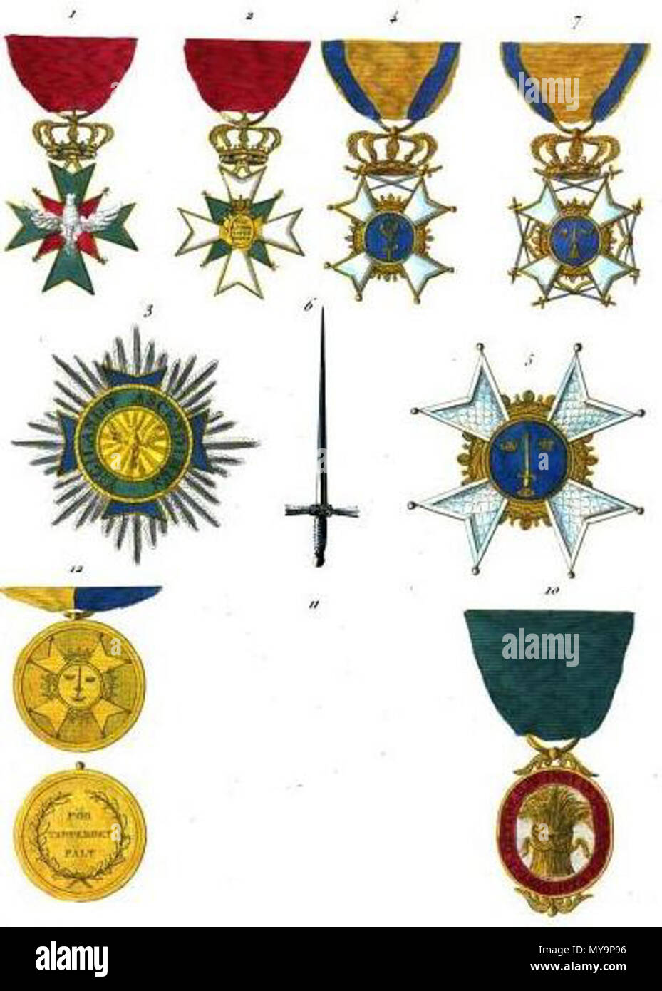 .  Français : Collection historique des ordres de chevalerie civils et militaires... English: Orders of chivalry 1. Order of the White Falcon (Saxony), badge obverse 2. Order of the White Falcon (Saxony), badge reverse 3. Order of the White Falcon (Saxony), star 4. Order of the Sword (Sweden), badge of Knights Cross 5. Order of the Sword (Sweden), star 6. Order of the Sword (Sweden), sword 7. Order of the Sword (Sweden), badge of Grand Cross 10. Order of Vasa (Sweden), badge 11. ----- 12. Medal for Valour in the Field (Sweden), obverse & reverse . 1820 49 Aristide Michel Perrot - Collection hi Stock Photo
