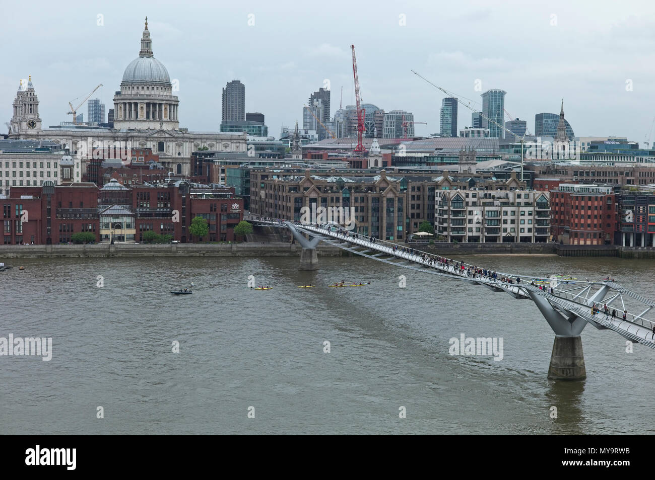 River Thames in London showing a flotilla of canoes passing under the Millennium bridge Stock Photo