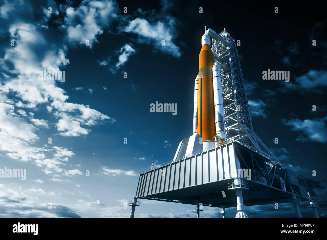 Space Launch System On Launchpad Over Background Of Sky Stock Photo