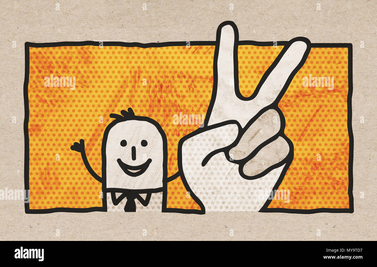 Cartoon Businessman with Big Hand Victory Sign Stock Photo - Alamy